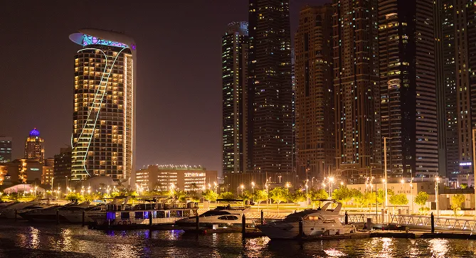 Dubai Marina Night View: Illuminated Skyscrapers and Moored Yachts at Waterfront