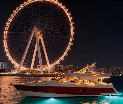 Evening Cruise around Ain Dubai: Illuminated Luxury Yacht Near Giant Ferris Wheel