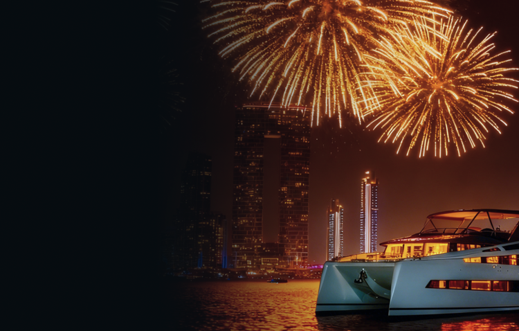 Dubai 2026 NYE Private Yacht Charter Banner: Yacht & Fireworks Skyline